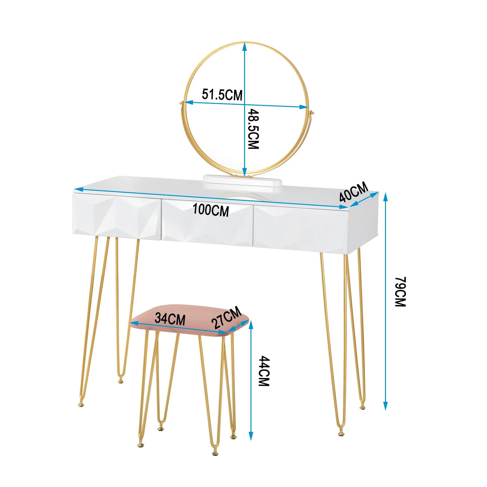 sternenwolke™  Weißgoldener Schminktisch mit 360° schwenkbarem Spiegel, Samthocker und 3 Schubladen